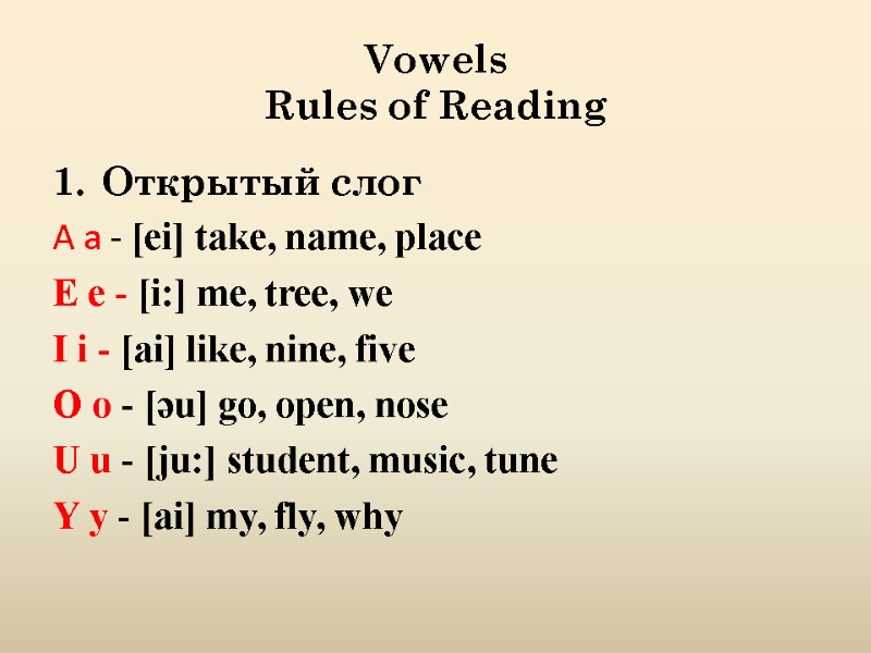 Vowels Rules of Reading   Открытый слог  A a - [ei] take,